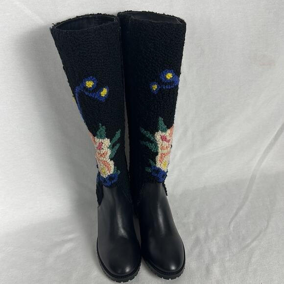 NWT Anthropologie Emily Isabella Black Leather Wool Flower Boots Size - Picture 9 of 15